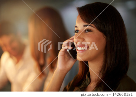 Woman, office and cellphone with smile in phone call with client for crm in workplace for business, growth and services as manager. Sales agent, customer and tech for support, company and management Woman, office and cellphone with smile in phone call with client for crm in workplace for business, growth and services as manager. Sales agent, customer and tech for support, company and management 142668181