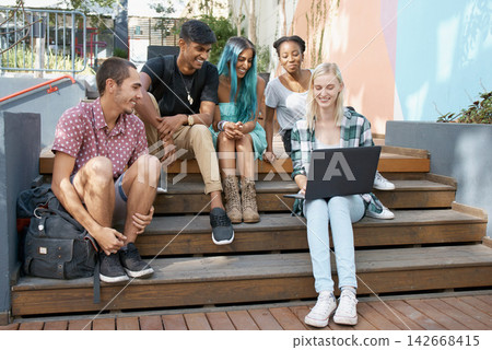 Campus steps, friends and laptop at university for learning, research or brainstorming group assignment. Computer, education or students with diversity, teamwork or collaboration for college homework Campus steps, friends and laptop at university for learning, research or brainstorming group assignment. Computer, education or students with diversity, teamwork or collaboration for college homework 142668415