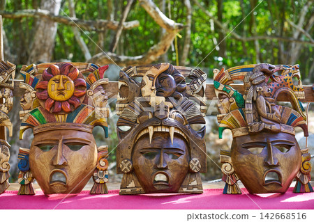 Chichen itza Mayan handcrafts wood masks Chichen itza Mayan handcrafts wood masks 142668516