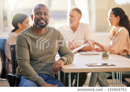 Mature, black man and happy portrait with meeting for company feedback, teamwork and creative business. Male manager, designer agency and relax with people for collaboration, leadership and workshop. Mature, black man and happy portrait with meeting for company feedback, teamwork and creative business. Male manager, designer agency and relax with people for collaboration, leadership and workshop. 142668761