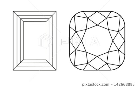Baguette, Cushion angular diamond cut shapes. Design flat diagram. Brilliant Baguette, angular Cushion cut icon layouts. Gemstone outline patterns for jewellery design, branding, packaging, logos. Baguette, Cushion angular diamond cut shapes. Design flat diagram. Brilliant Baguette, angular Cushion cut icon layouts. Gemstone outline patterns for jewellery design, branding, packaging, logos. 142668893