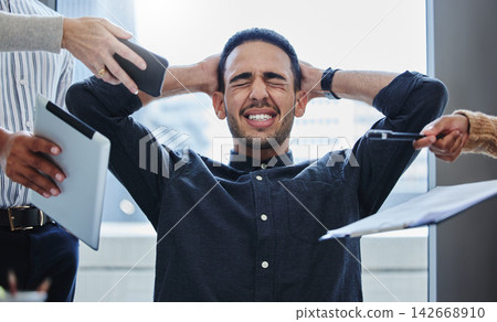 Office, meeting and man with burnout in stress for audit deadline, mental health and crisis. Financial advisor, anxiety and hands of employees with accounting info for multitask, pressure and problem Office, meeting and man with burnout in stress for audit deadline, mental health and crisis. Financial advisor, anxiety and hands of employees with accounting info for multitask, pressure and problem 142668910