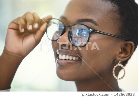 Eye care, smile and black woman with glasses at store for vision, optometry or prescription lens. Retail, wellness and customer with spectacles frame for optics, eyesight or ophthalmology testing 142668928