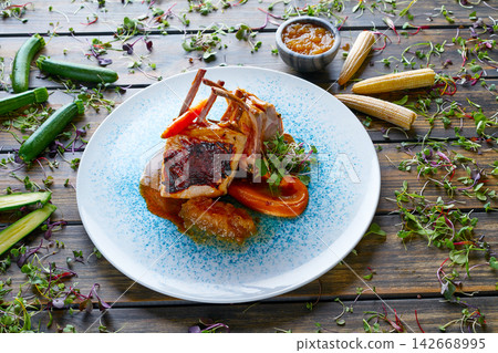 Lamb ribs with sweet potato parmentier recipe Lamb ribs with sweet potato parmentier recipe 142668995