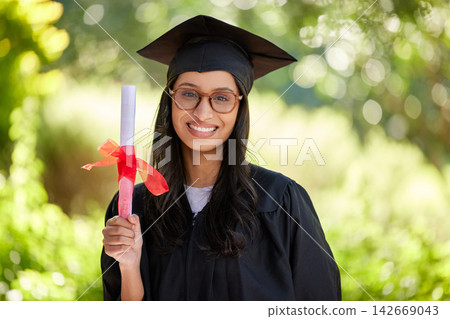 Portrait, graduate or girl with certificate of graduation on campus with smile, pride or excited. University, female student or photography for profile picture, social media or celebration post Portrait, graduate or girl with certificate of graduation on campus with smile, pride or excited. University, female student or photography for profile picture, social media or celebration post 142669043