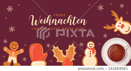 sweet tasty gingerbread deer and coffee on christmas morning vector illustration 142669061