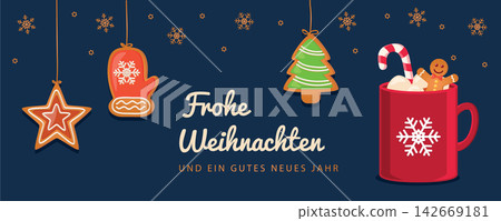 christmas card with hanging gingerbread cookies and cocoa drink vector illustration 142669181