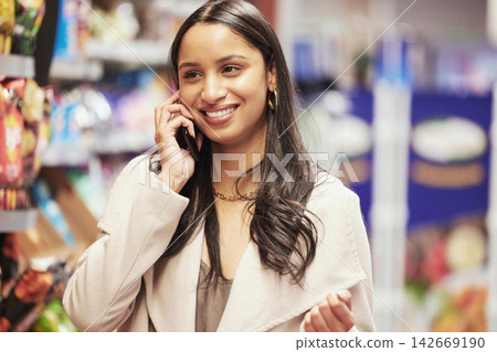 Happy, woman and grocery shopping with smartphone for communication of checklist in supermarket. Female person, shopper and mobile for conversation about product choice or option with discount Happy, woman and grocery shopping with smartphone for communication of checklist in supermarket. Female person, shopper and mobile for conversation about product choice or option with discount 142669190