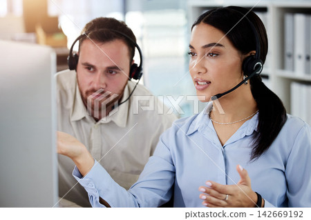 Headset, collaboration and woman for customer service in office, workspace and job working in call center for telemarketing career. Contact us, communication or tech support consultant with staff Headset, collaboration and woman for customer service in office, workspace and job working in call center for telemarketing career. Contact us, communication or tech support consultant with staff 142669192