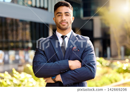 City, confidence and portrait of businessman with arms crossed for legal service, job and career. Corporate, employee and face of attorney with pride for law, justice and morning travel in New York 142669206