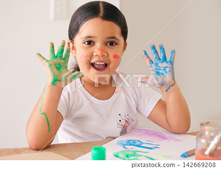 Hands, painting and portrait of girl with classroom, art and learning creative expression at kindergarten. Education, color and kid with drawing, sketch or artistic shape, handprint or canvas fun Hands, painting and portrait of girl with classroom, art and learning creative expression at kindergarten. Education, color and kid with drawing, sketch or artistic shape, handprint or canvas fun 142669208
