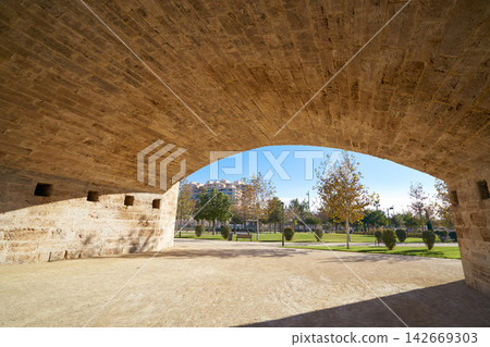 Serrano bridge in Valencia in Turia park Spain Serrano bridge in Valencia in Turia park Spain 142669303