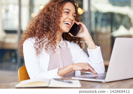 Phone call, discussion and business woman with laptop for conversation, communication or proposal. Female person, laughing and consultant talking on smartphone for networking, planning or feedback 142669412
