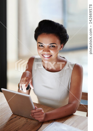 Business woman, tablet and portrait with tech app and digital planning for labor law case research. Happy, professional and reading on the internet and website at an attorney firm with employee Business woman, tablet and portrait with tech app and digital planning for labor law case research. Happy, professional and reading on the internet and website at an attorney firm with employee 142669578