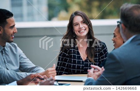 Businesspeople, meeting and outside with smile for team at table in company with planning or strategy. Professional, management and promotion on balcony with happiness in corporate with discussion Businesspeople, meeting and outside with smile for team at table in company with planning or strategy. Professional, management and promotion on balcony with happiness in corporate with discussion 142669668