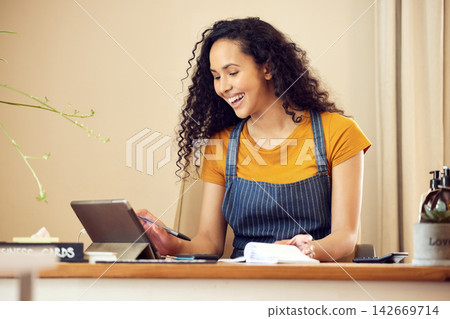 Happy, young woman or cashier with tablet in shop counter for retail shopping, pos operator and business transaction. Female person, technology and receipts in store for accounting and planning 142669714