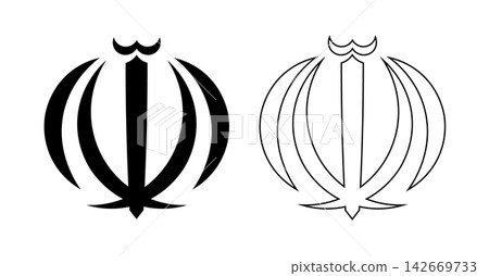 Set of Iran national emblem black contour, black icon, sticker. Iranian Nishan Rasmi flat outline logos. Islamic Republic of Iran silhouette badge, button. Set of Iran national emblem black contour, black icon, sticker. Iranian Nishan Rasmi flat outline logos. Islamic Republic of Iran silhouette badge, button. 142669733