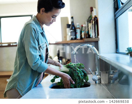 Woman, vegetable and washing with food, cleaning and hygiene for health and wellness. Lady, nutrition and diet with vitamins, lettuce and kitchen sink with water for rinse and organic safety Woman, vegetable and washing with food, cleaning and hygiene for health and wellness. Lady, nutrition and diet with vitamins, lettuce and kitchen sink with water for rinse and organic safety 142669838