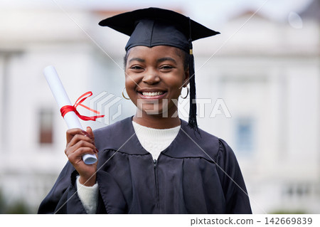 University, portrait or proud black woman at campus for graduation, event or phd, certificate or diploma success outdoor. Education, college or gen z student smile for future, career or learning goal University, portrait or proud black woman at campus for graduation, event or phd, certificate or diploma success outdoor. Education, college or gen z student smile for future, career or learning goal 142669839