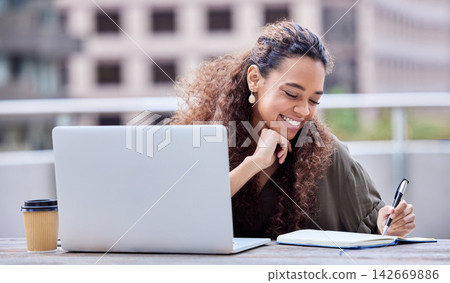 Business, woman and writing on balcony with laptop in morning for work as Market Research Analyst for agency. Female employee, digital technology and journal, online and happiness for product sales. Business, woman and writing on balcony with laptop in morning for work as Market Research Analyst for agency. Female employee, digital technology and journal, online and happiness for product sales. 142669886