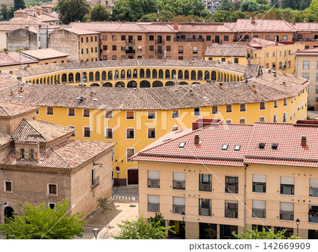 The old bullring of Tarazona turned into housing, seen from above, Aragon, Spain The old bullring of Tarazona turned into housing, seen from above, Aragon, Spain 142669909