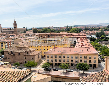 Elevated view over the rooftops and the old bullring of Tarazona, Aragon, Spain Elevated view over the rooftops and the old bullring of Tarazona, Aragon, Spain 142669910