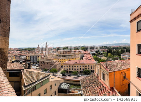 Panoramic rooftop view of the old town of Tarazona with the cathedral towers, Aragon, Spain Panoramic rooftop view of the old town of Tarazona with the cathedral towers, Aragon, Spain 142669913
