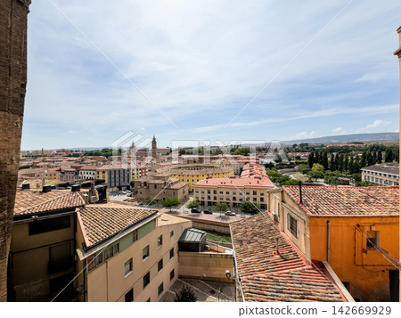Elevated view of the old town of Tarazona with the bullring and cathedral, Aragon, Spain Elevated view of the old town of Tarazona with the bullring and cathedral, Aragon, Spain 142669929