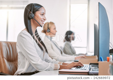 Call center, office and woman with smile, team and friendly for customer service, headset and tech support. CRM, working and b2b for telemarketing, help and consulting for company, people or agent Call center, office and woman with smile, team and friendly for customer service, headset and tech support. CRM, working and b2b for telemarketing, help and consulting for company, people or agent 142669972