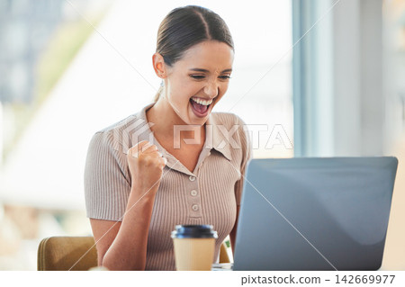 Woman, success and celebration for promotion and laptop, wow and excited expression with fist pump. Victory, happy and cheering for new job or bonus, technology and pc for female person with email Woman, success and celebration for promotion and laptop, wow and excited expression with fist pump. Victory, happy and cheering for new job or bonus, technology and pc for female person with email 142669977