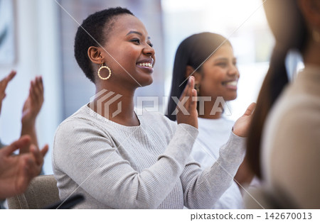 Woman, smile and applause in meeting for success, achievement and celebration for presentation, goals or team building. Group, people and happy, good news or promotion, support or winner at seminar Woman, smile and applause in meeting for success, achievement and celebration for presentation, goals or team building. Group, people and happy, good news or promotion, support or winner at seminar 142670013