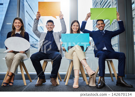 Business people, portrait and feedback or speech bubble in office for communication and job interview. Happy, team or group in waiting room with sign for voice, public opinion and recruitment Business people, portrait and feedback or speech bubble in office for communication and job interview. Happy, team or group in waiting room with sign for voice, public opinion and recruitment 142670134