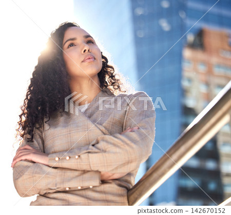 Crossed arms, thinking and business woman for ambition mindset, travel and morning commute. Corporate, professional worker and person with ideas in urban town for career, working and job opportunity Crossed arms, thinking and business woman for ambition mindset, travel and morning commute. Corporate, professional worker and person with ideas in urban town for career, working and job opportunity 142670152