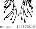 Paint black oil droplet drop down splashing. Oil gas pour leaking to mid air. Black color leak spill. White background isolated high speed shutter freeze. Ink Paint splash drown down in line 142670315