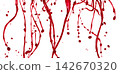 Paint red blood droplet drop down splashing. Paint pour leaking to mid air. Red color leak spill. White background isolated high speed shutter freeze. Blood splash drown down in line 142670320