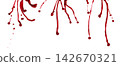 Paint red blood droplet drop down splashing. Paint pour leaking to mid air. Red color leak spill. White background isolated high speed shutter freeze. Blood splash drown down in line 142670321