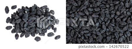 black raisins isolated on white background. Top view. Flat lay black raisins isolated on white background. Top view. Flat lay 142670522