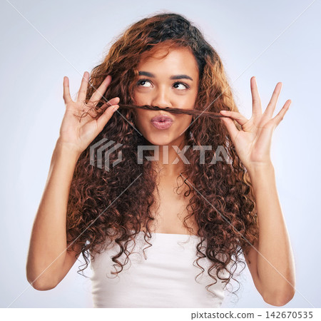 Beauty, hair mustache or thinking and woman in studio on gray background for contemplation or idea. Haircare, salon or vision and African model looking satisfied with aesthetic or cosmetology routine Beauty, hair mustache or thinking and woman in studio on gray background for contemplation or idea. Haircare, salon or vision and African model looking satisfied with aesthetic or cosmetology routine 142670535