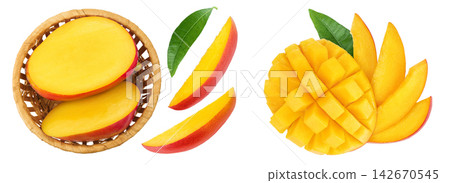 mango half in a wicker basket isolated on white background. Top view, flat lay mango half in a wicker basket isolated on white background. Top view, flat lay 142670545