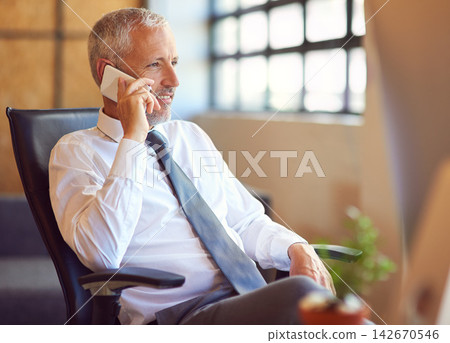 Mature businessman, manager and phone call in office with communication for financial deal and negotiation. Boss, corporate employer and smartphone with networking, investment contact and feedback Mature businessman, manager and phone call in office with communication for financial deal and negotiation. Boss, corporate employer and smartphone with networking, investment contact and feedback 142670546