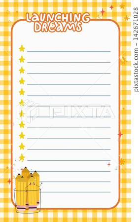Cute launching dreams notepad with pencils stars and yellow gingham border in hand drawn vector style Cute launching dreams notepad with pencils stars and yellow gingham border in hand drawn vector style 142671028