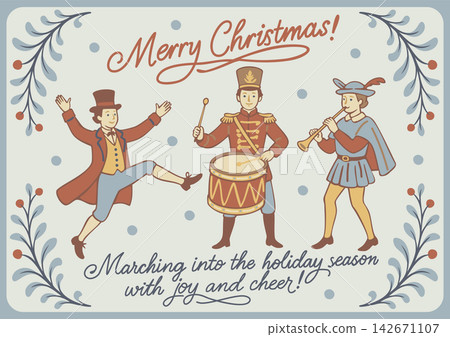 Cozy Christmas greeting card with vintage musicians and dancer in snowfall, festive winter illustration with text Merry Christmas Marching into the holiday season 142671107
