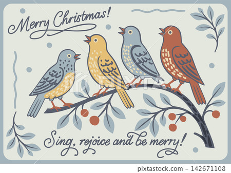 Cozy Christmas greeting card with cute singing birds on branch in snowfall, winter festive illustration with text Merry Christmas Sing rejoice and be merry Cozy Christmas greeting card with cute singing birds on branch in snowfall, winter festive illustration with text Merry Christmas Sing rejoice and be merry 142671108