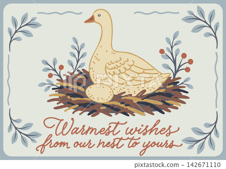 Cozy Christmas greeting card with cute goose in nest, festive winter illustration with text Warmest wishes from our nest to yours Cozy Christmas greeting card with cute goose in nest, festive winter illustration with text Warmest wishes from our nest to yours 142671110