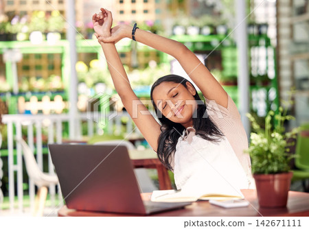 Woman, relax and florist with laptop for business orders, online and botanical plant or complete tasks or goal. Nature start up, growth and ecommerce app or gardening, ecology and employee stretch Woman, relax and florist with laptop for business orders, online and botanical plant or complete tasks or goal. Nature start up, growth and ecommerce app or gardening, ecology and employee stretch 142671111