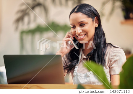 Phone call, laptop and woman for communication, order and office with mobile and conversation. Smile, talking and computer for female person, creative or professional for florist and online retail Phone call, laptop and woman for communication, order and office with mobile and conversation. Smile, talking and computer for female person, creative or professional for florist and online retail 142671113