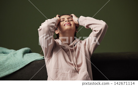 Woman, frustrated and crying on sofa for mental health with anxiety, headache and depression from unemployment crisis. Pain, stress and tired gen z girl in home for heartbreak, sad and breakup 142671114