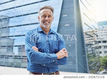 Business man, portrait and executive of call center with confidence, leader and happy on office balcony. Manager, professional worker and entrepreneur of person in New York city, mature and working 142671118