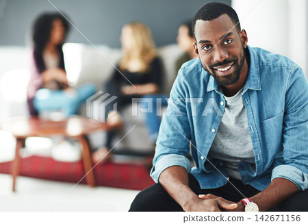 Meeting, business people and portrait of black man in work lounge for new job, opportunity or career goals. Startup, training and happy African management intern in coworking space with confidence Meeting, business people and portrait of black man in work lounge for new job, opportunity or career goals. Startup, training and happy African management intern in coworking space with confidence 142671156