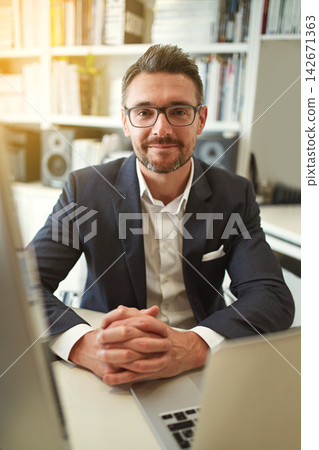 Investment banker, office and portrait of businessman on laptop for planning, research and fintech website. Corporate, professional advisor and person at desk for career, financial consulting and job 142671363